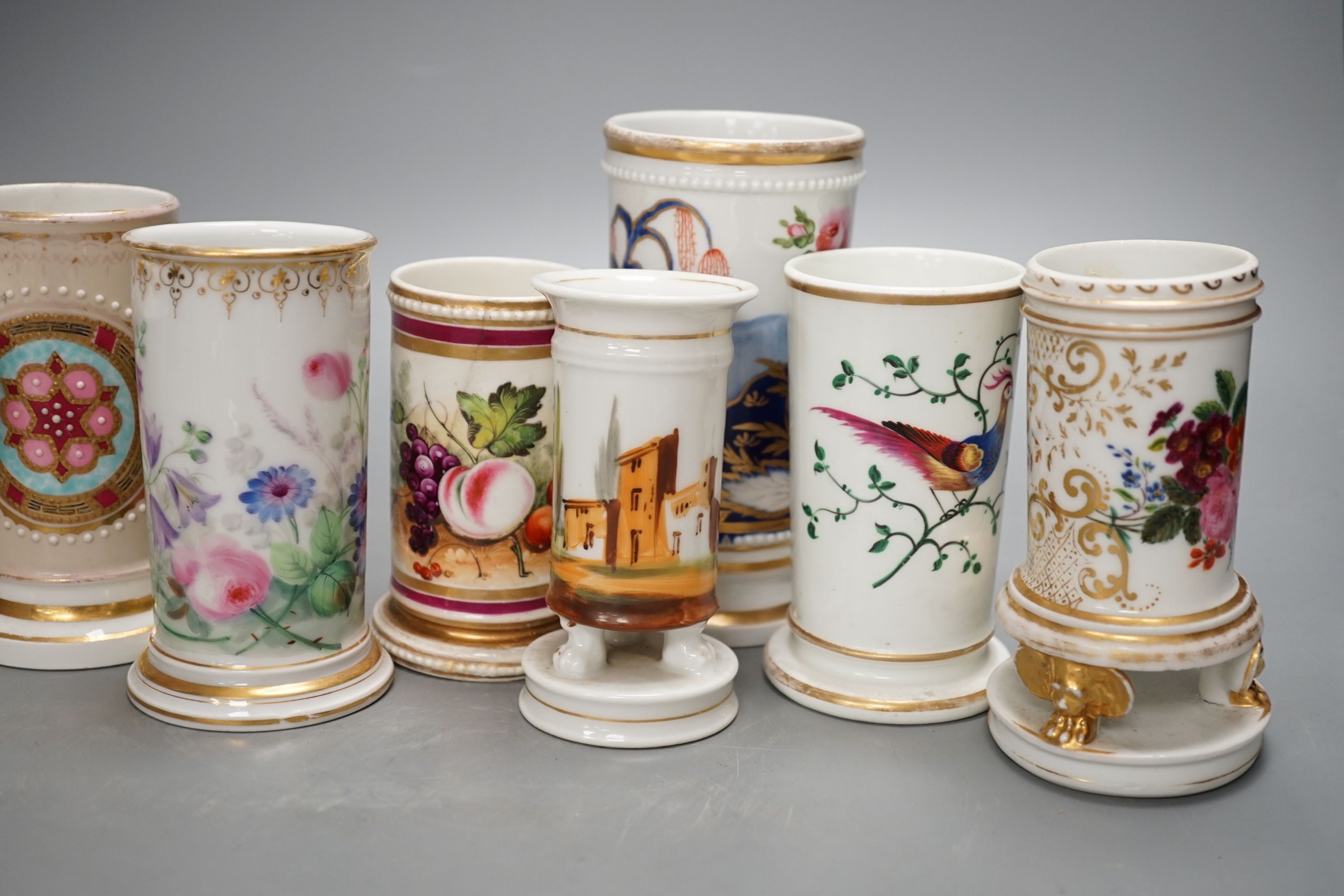 Ten various 19th century porcelain spill vases, tallest 14cm.